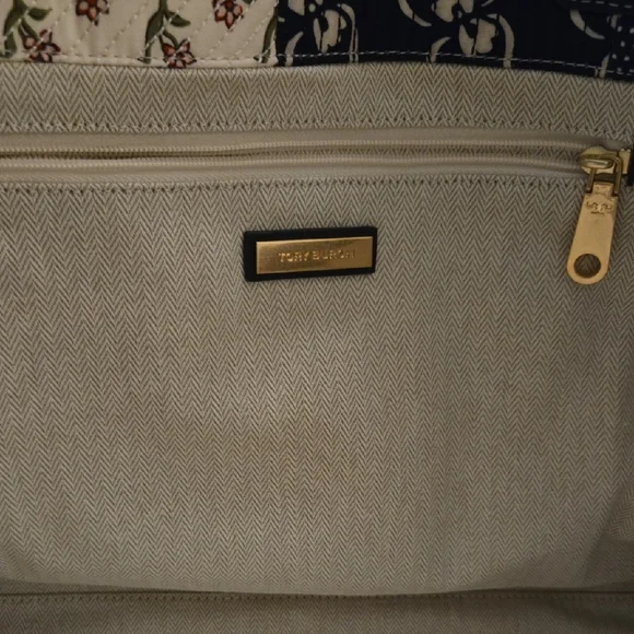 Tory Burch Ella Navy, Cream and Red Patchwork Floral Large Tote - Picture 2 of 8
